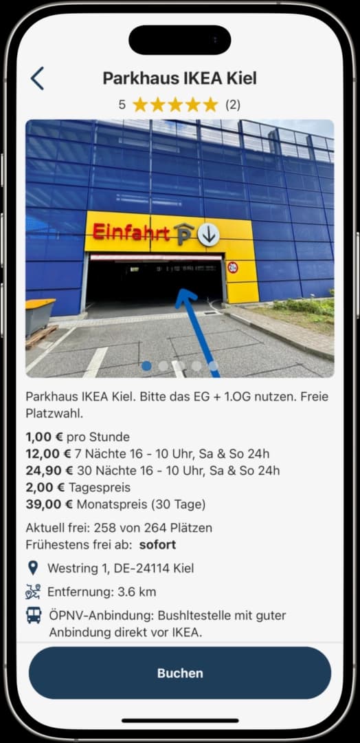 Peuka App auf Smartphone zeigt Parkplatzbuchung bei IKEA - mobile App Interface